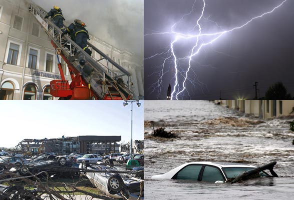 A building fire, a lightning storm, tornado damage and a flooded street