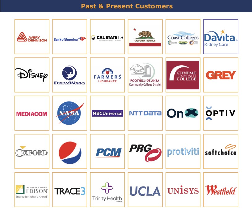 Past and present customers, including Avery Dennison, Bank of America, Cal State LA, Disney, DreamWorks, Farmers Insurance, NASA, NBCUniversal, Pepsi, Southern California Edison, UCLA, Unisys and Westfield